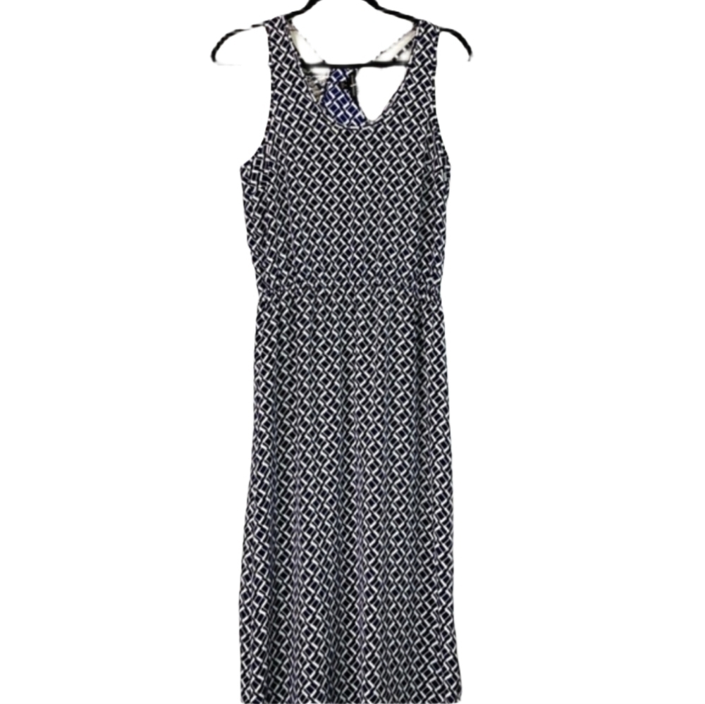 BANANA REPUBLIC SIZE 2 NAVY WHITE MAXI LONG DRESS‎ GEOMETRIC SPRING SUMMER GUC